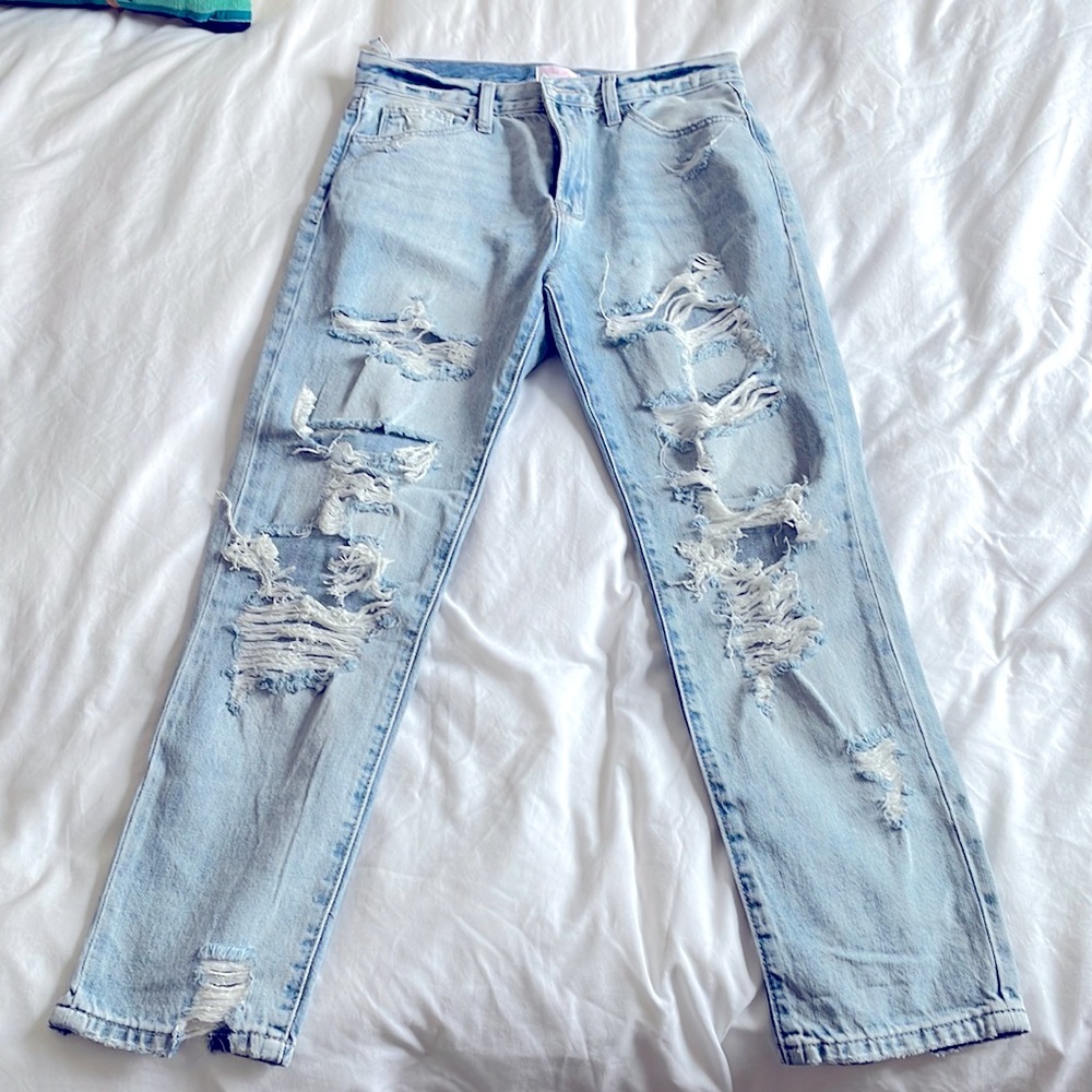 Light wash distressed/cutout high waist mom jeans